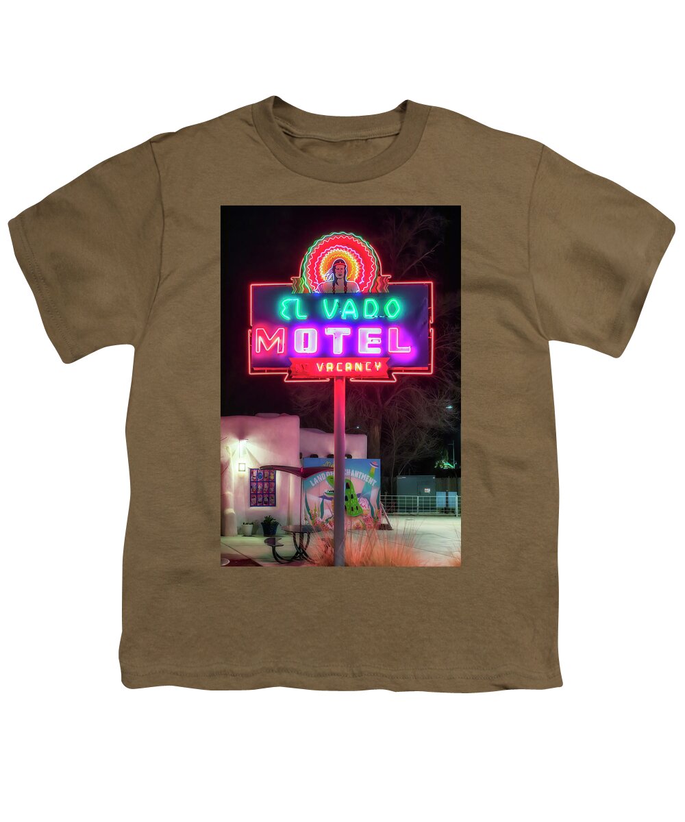 Route 66 Youth T-Shirt featuring the photograph El Vado Neon Sign - Route 66 - Albuquerque, NM by Susan Rissi Tregoning
