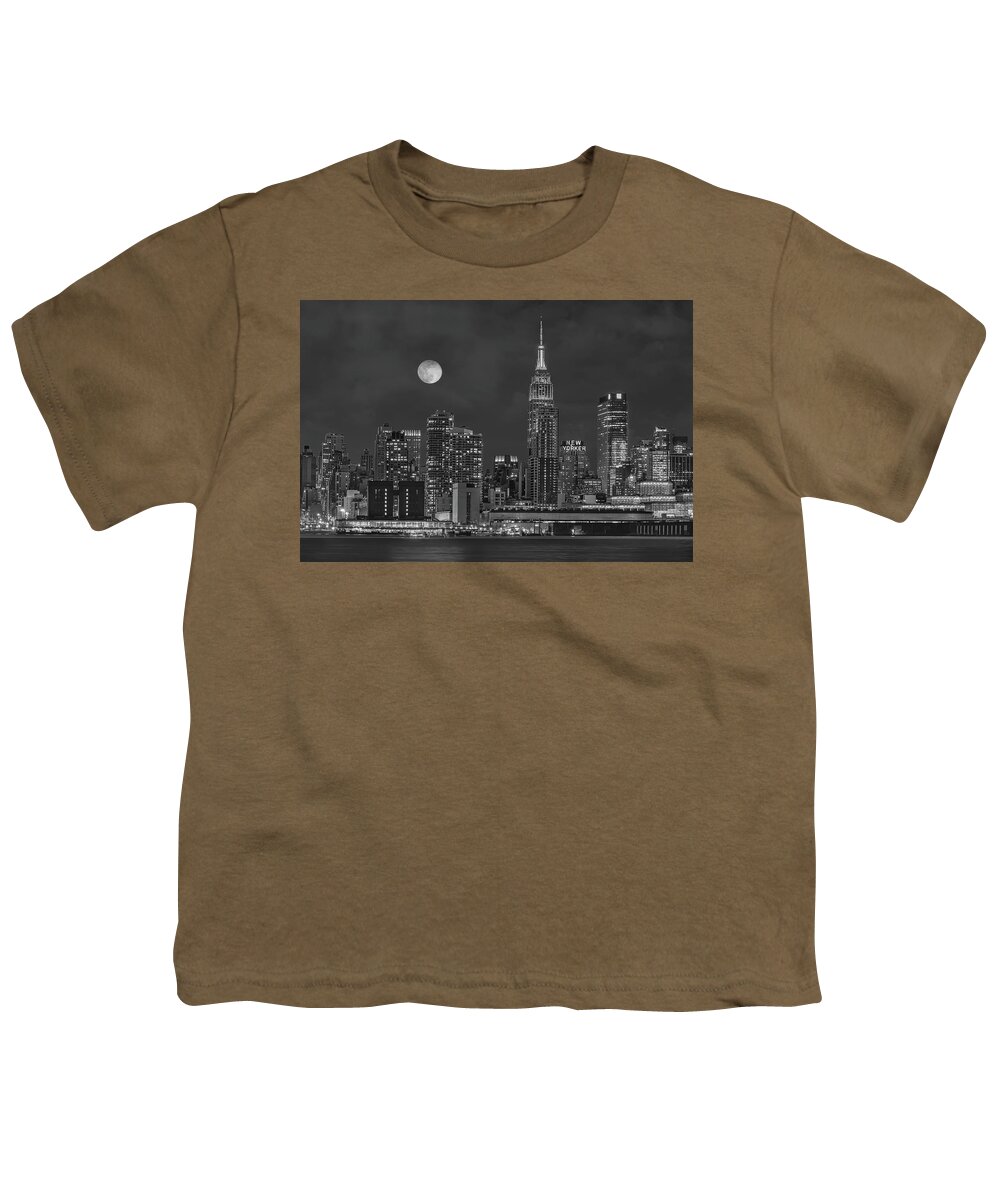 Nyc Skyline Youth T-Shirt featuring the photograph Empire State Blue Moon NYC BW by Susan Candelario
