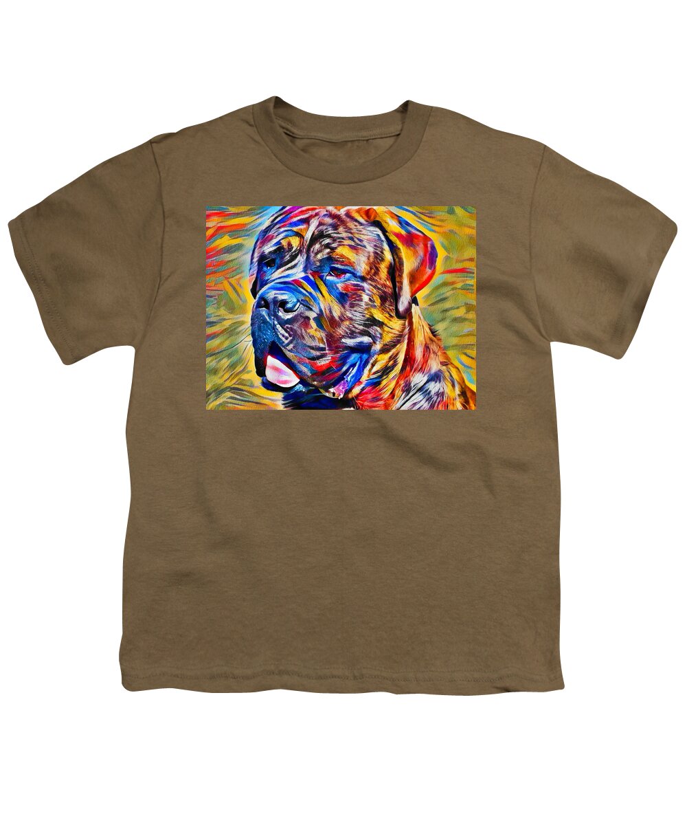 English Mastiff Youth T-Shirt featuring the digital art English Mastiff head close-up - colorful zebra pattern painting by Nicko Prints