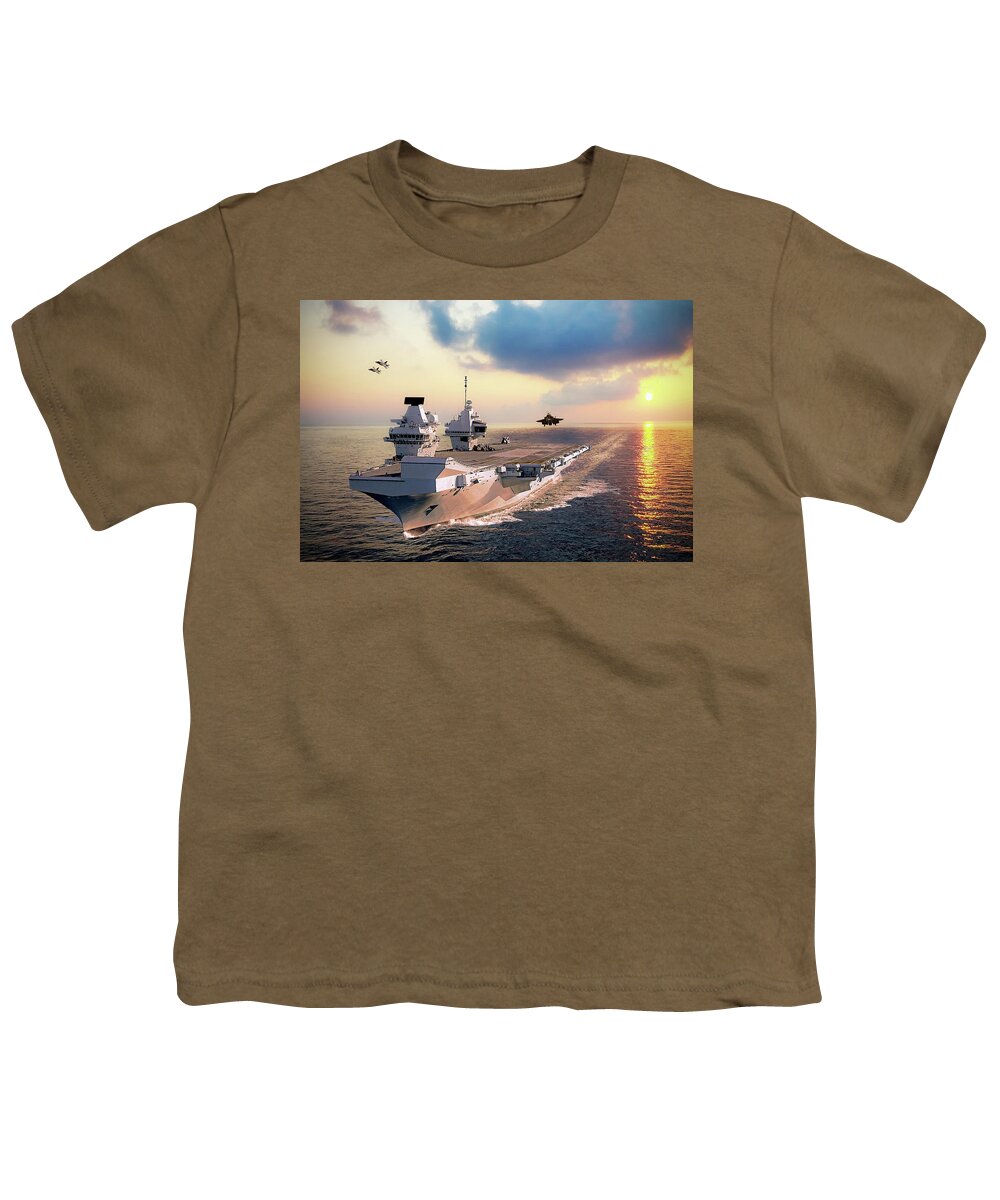 F-35 Youth T-Shirt featuring the digital art F-35s and HMS Queen Elizabeth by Airpower Art