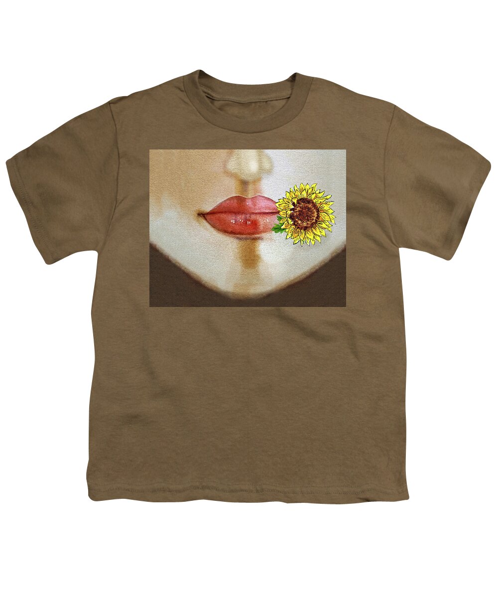 Face Mask Youth T-Shirt featuring the painting Face With Lips Nose And Sunflower Flower Watercolor by Irina Sztukowski