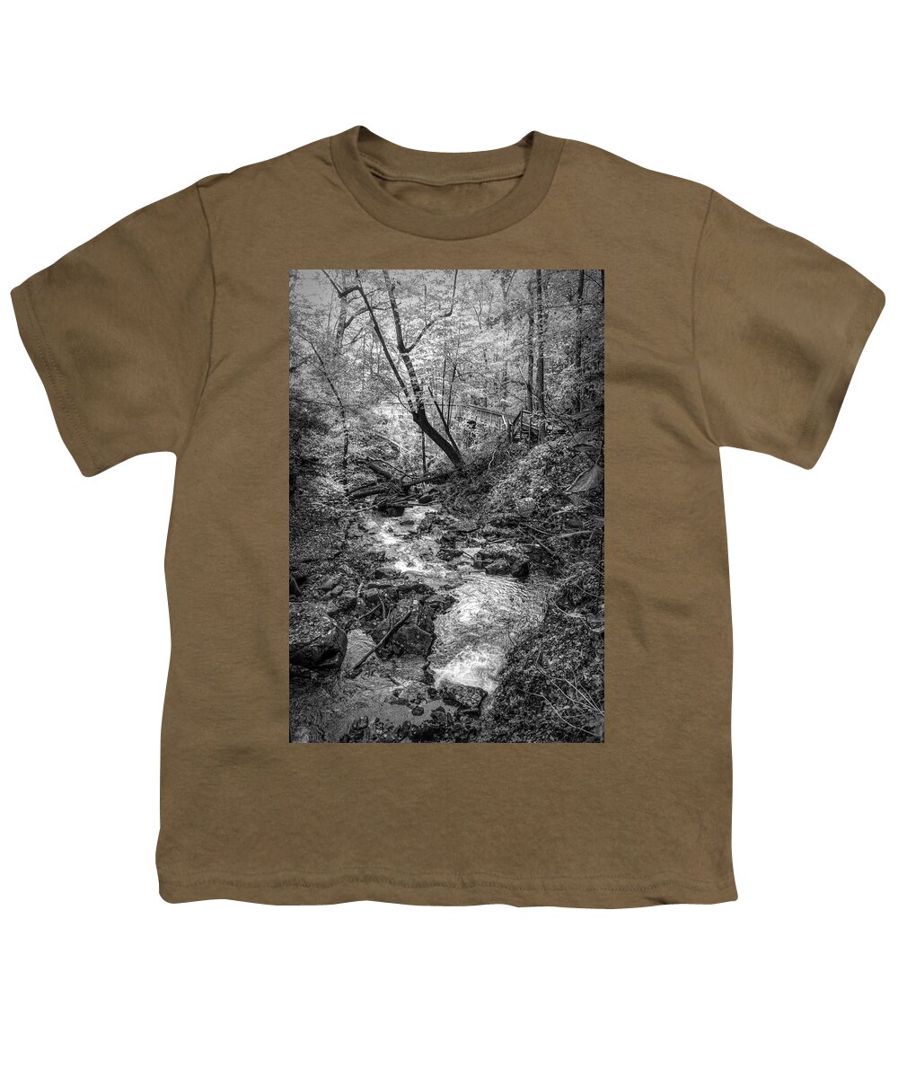 Cherokee Youth T-Shirt featuring the photograph Fall Cascades at Cloudland Canyon Black and White by Debra and Dave Vanderlaan