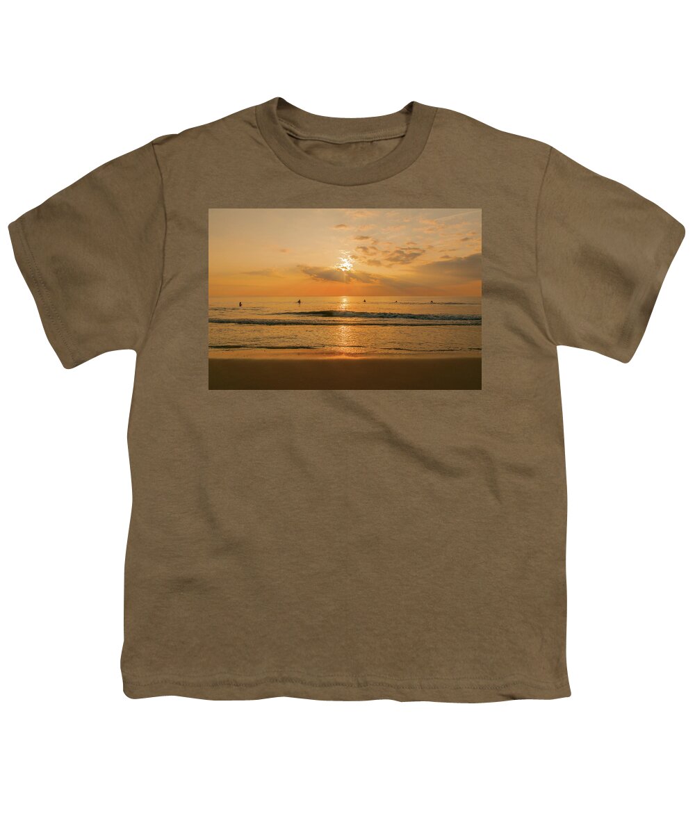 Surfing Youth T-Shirt featuring the photograph Five Surfers at Sunrise by John Quinn