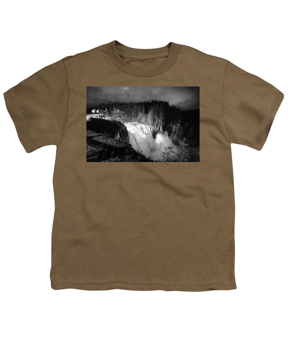 Water Fall Youth T-Shirt featuring the photograph Flood Flow at Snoqualmie Falls at Salish Lodge Black and White by Chris Pappathopoulos