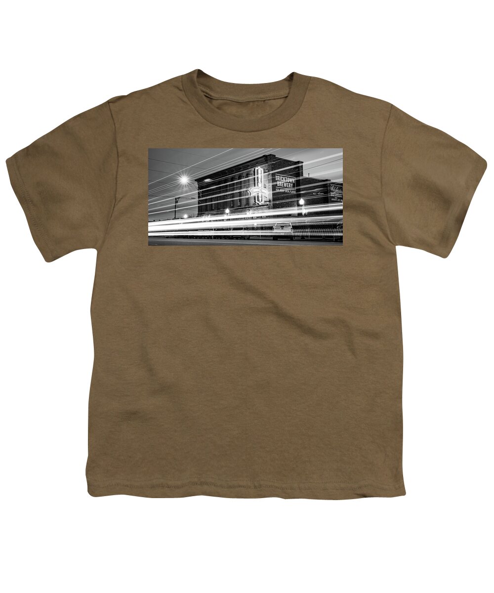 Fort Smith Youth T-Shirt featuring the photograph Fort Smith Light Trails And Brewery Neon - Monochrome Panorama by Gregory Ballos