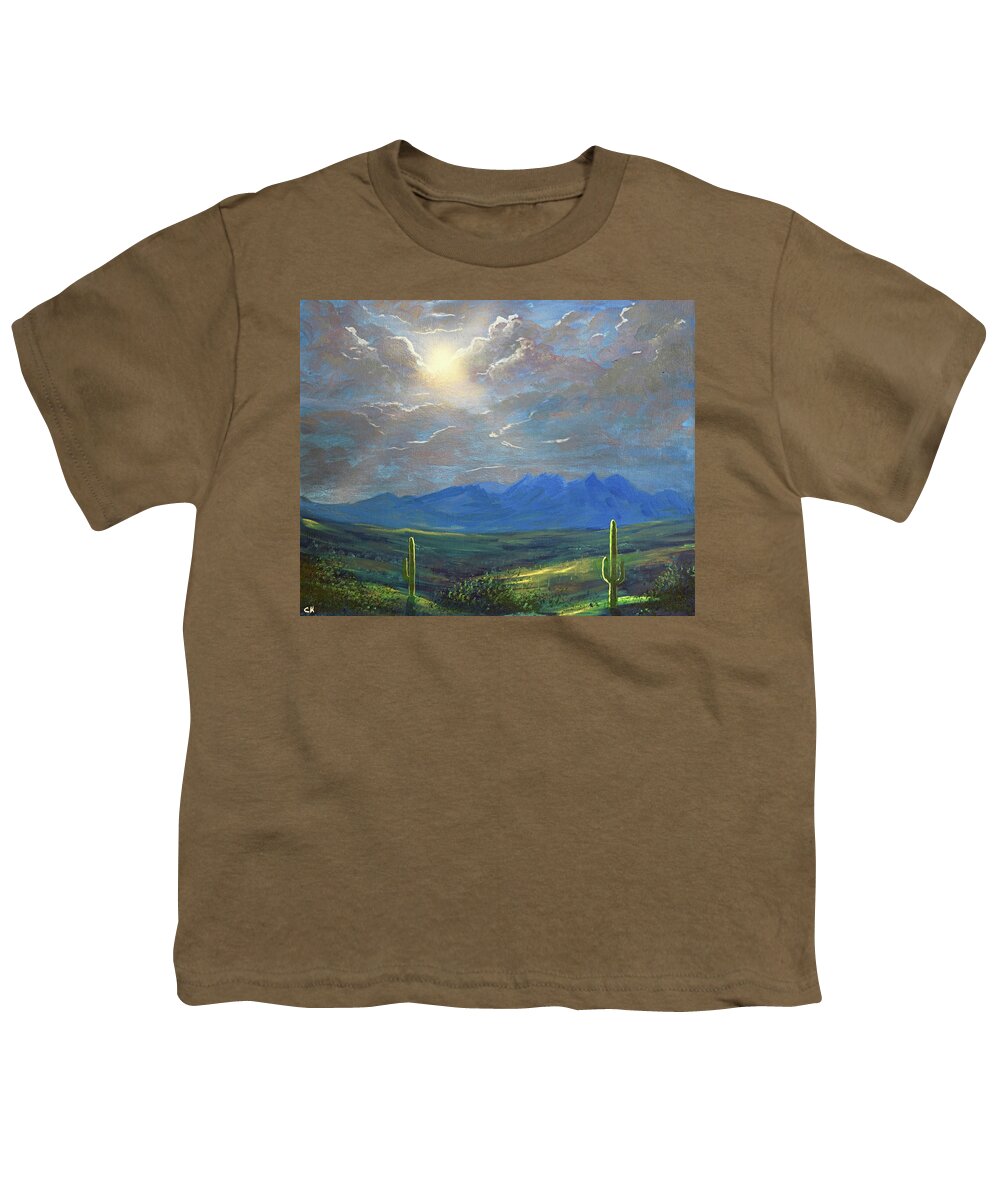 Four Peaks Youth T-Shirt featuring the painting Four Peaks Morning Light, Arizona by Chance Kafka
