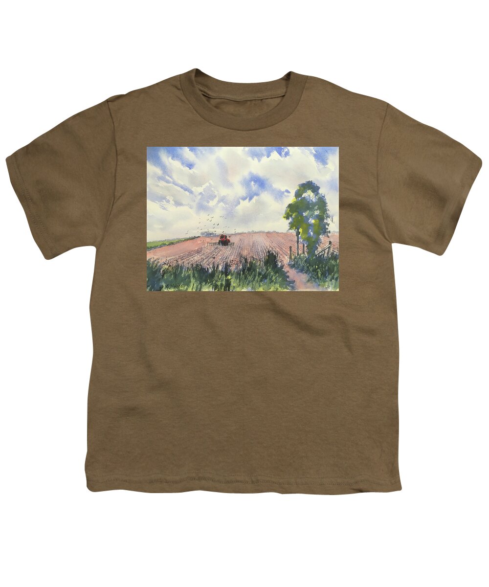 Watercolour Youth T-Shirt featuring the painting Furrows and Gulls by Glenn Marshall