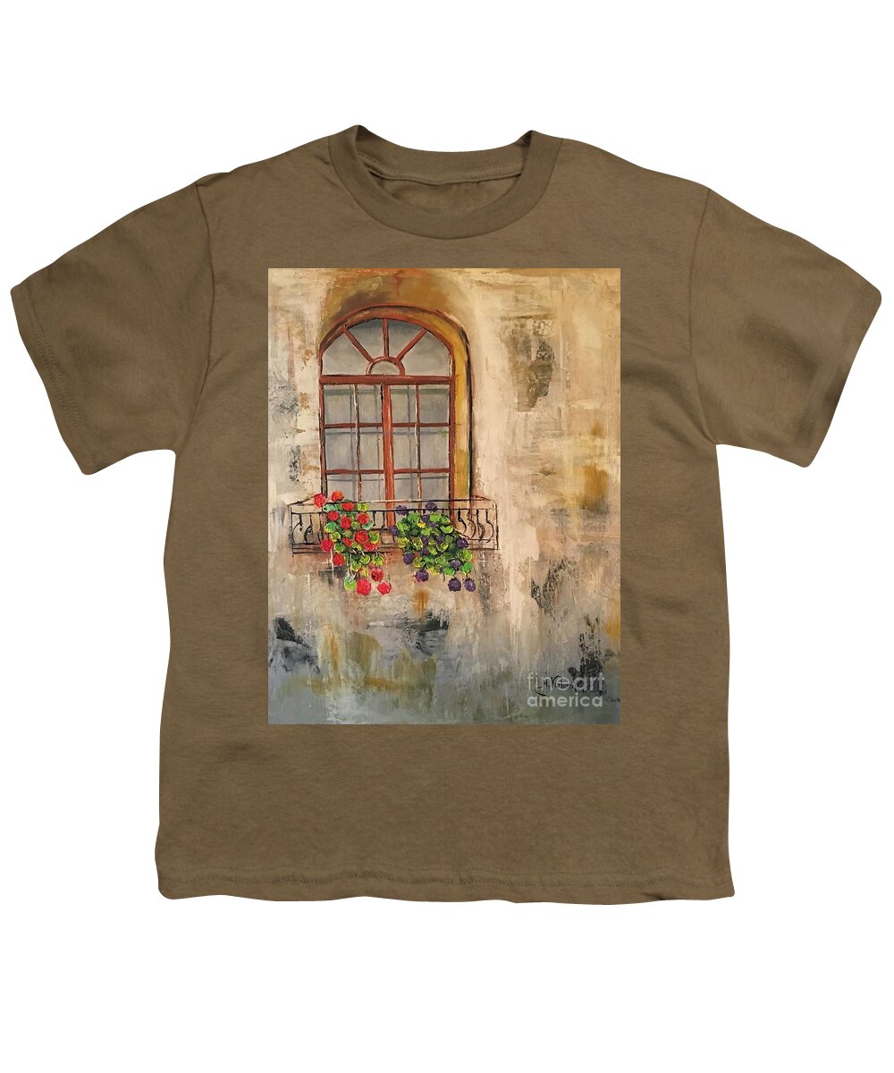 Oil Painting Youth T-Shirt featuring the painting Geranium window by Maria Karlosak