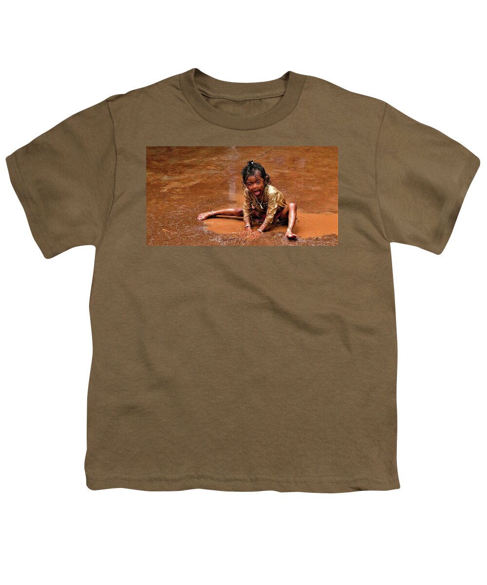 Puddle Youth T-Shirt featuring the photograph Girl in the puddle of brown water by Robert Bociaga