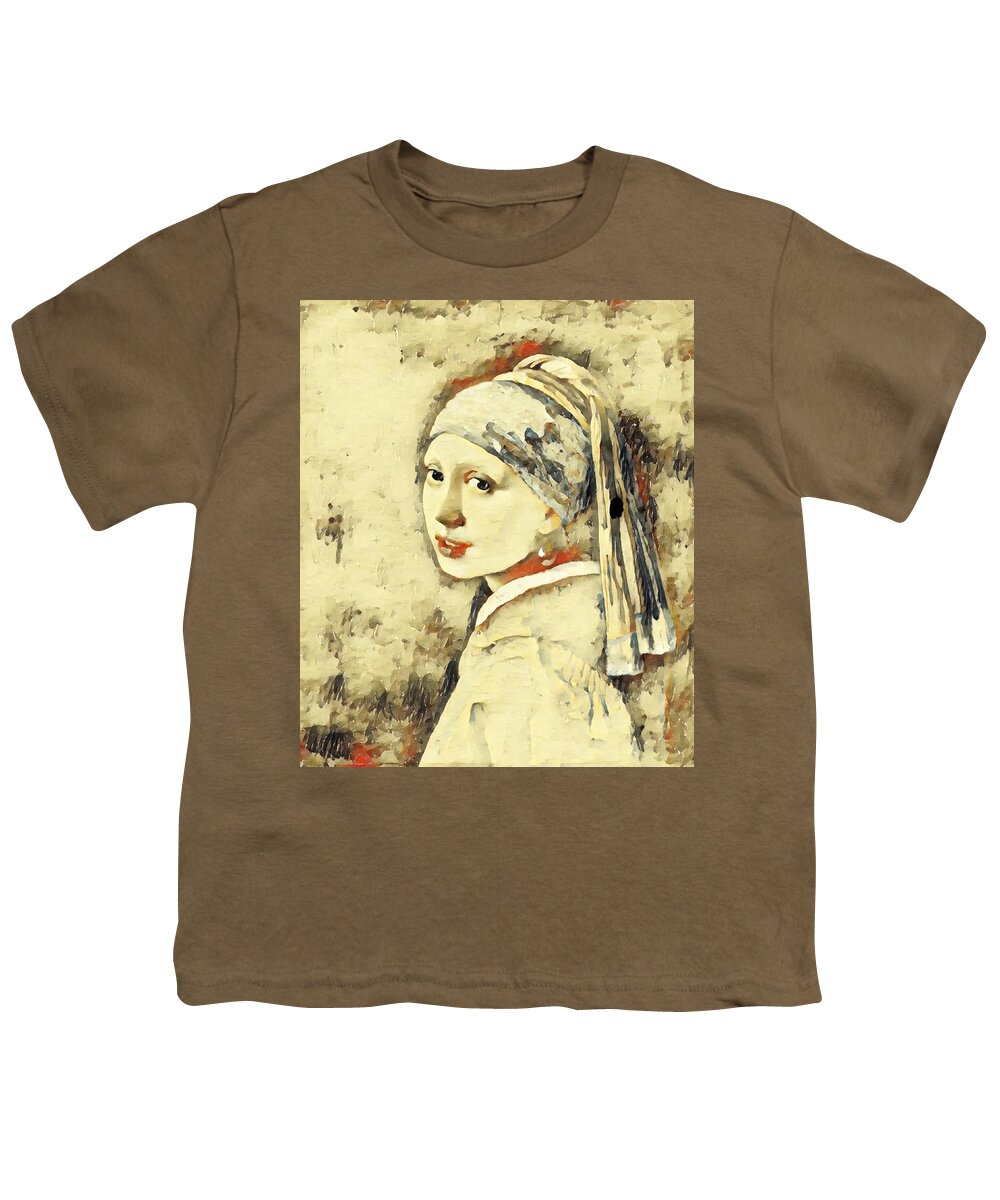 Girl With A Pearl Earring Youth T-Shirt featuring the digital art Girl with a Pearl Earring by Johannes Vermeer - vanilla and double colonial white by Nicko Prints