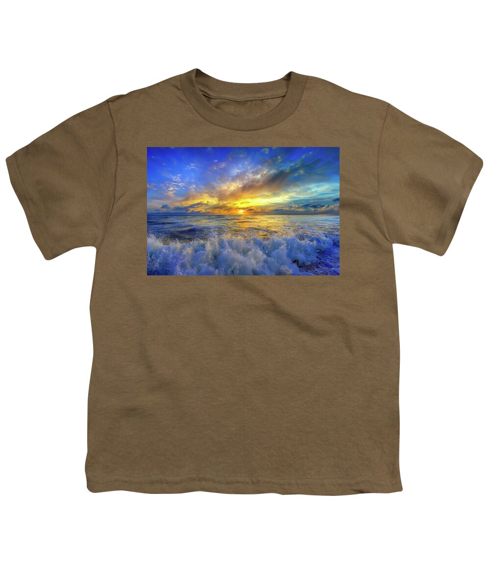 Blue Youth T-Shirt featuring the photograph Gold Blue Crashing Ocean Wave Sunset by Eszra Tanner