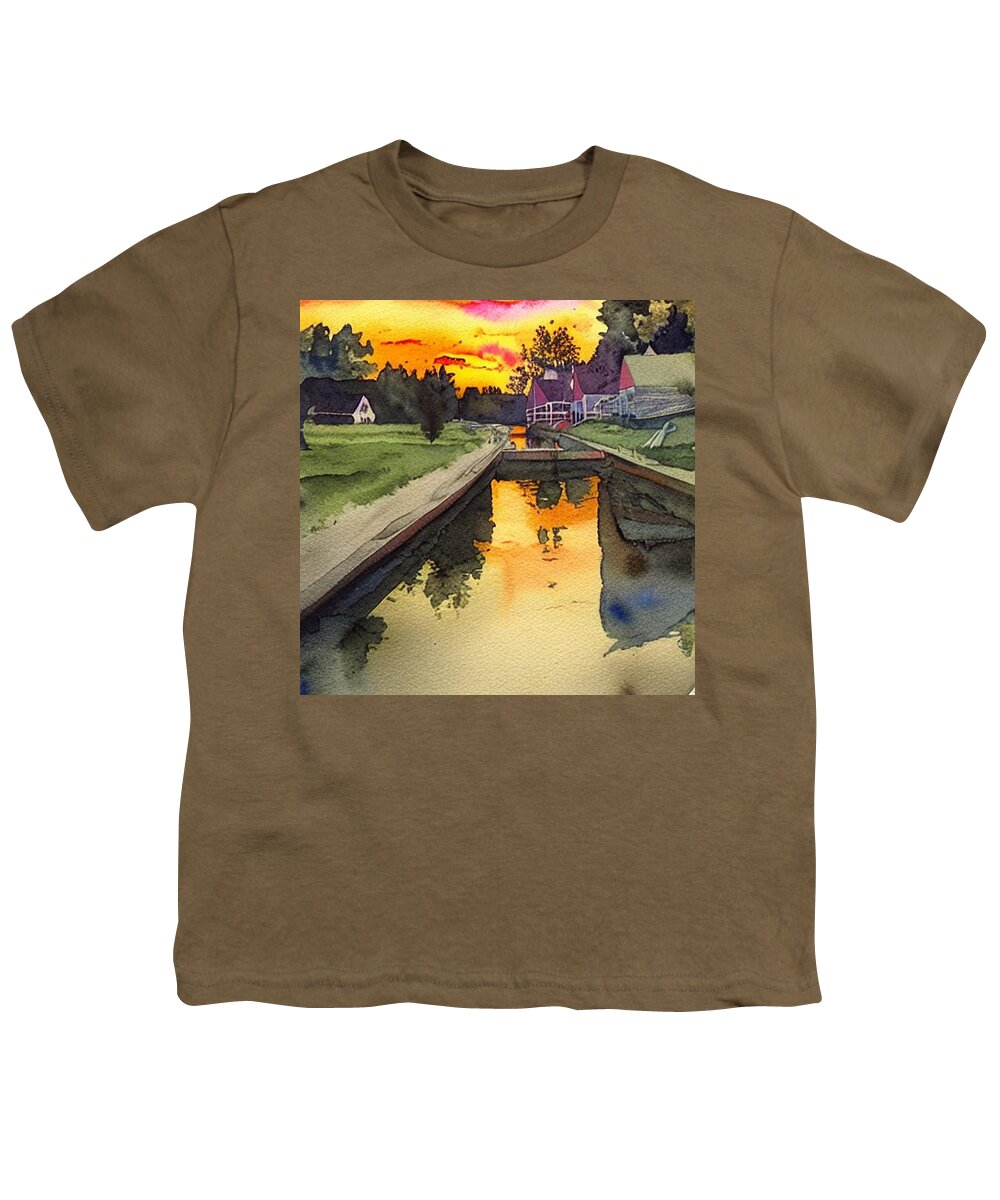 Waterloo Village Youth T-Shirt featuring the painting Golden Sunset on the Morris Canal at Waterloo Village, 1 by Christopher Lotito