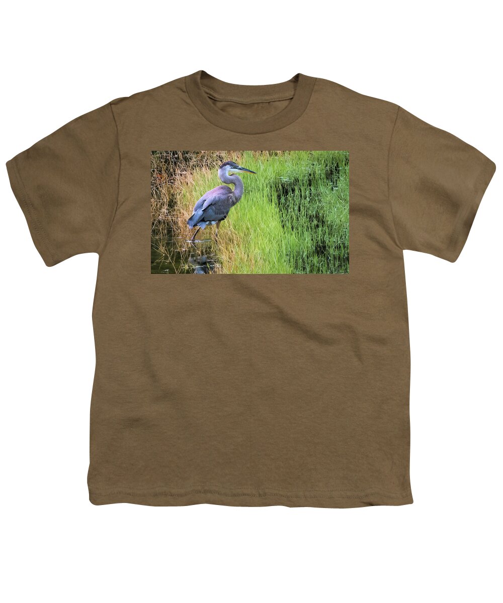 Great Blue Heron Youth T-Shirt featuring the photograph Great Blue in Grass by Ginger Stein