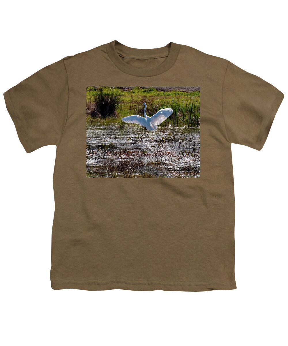 Great White Egret Youth T-Shirt featuring the photograph Great White Egret Landing by Flees Photos