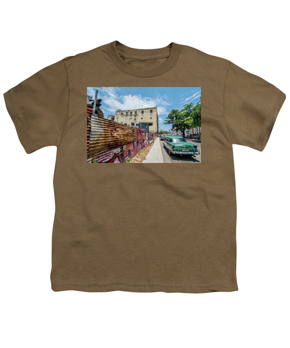 Cuba Youth T-Shirt featuring the photograph Green car on the street. Havana, Cuba by Lie Yim