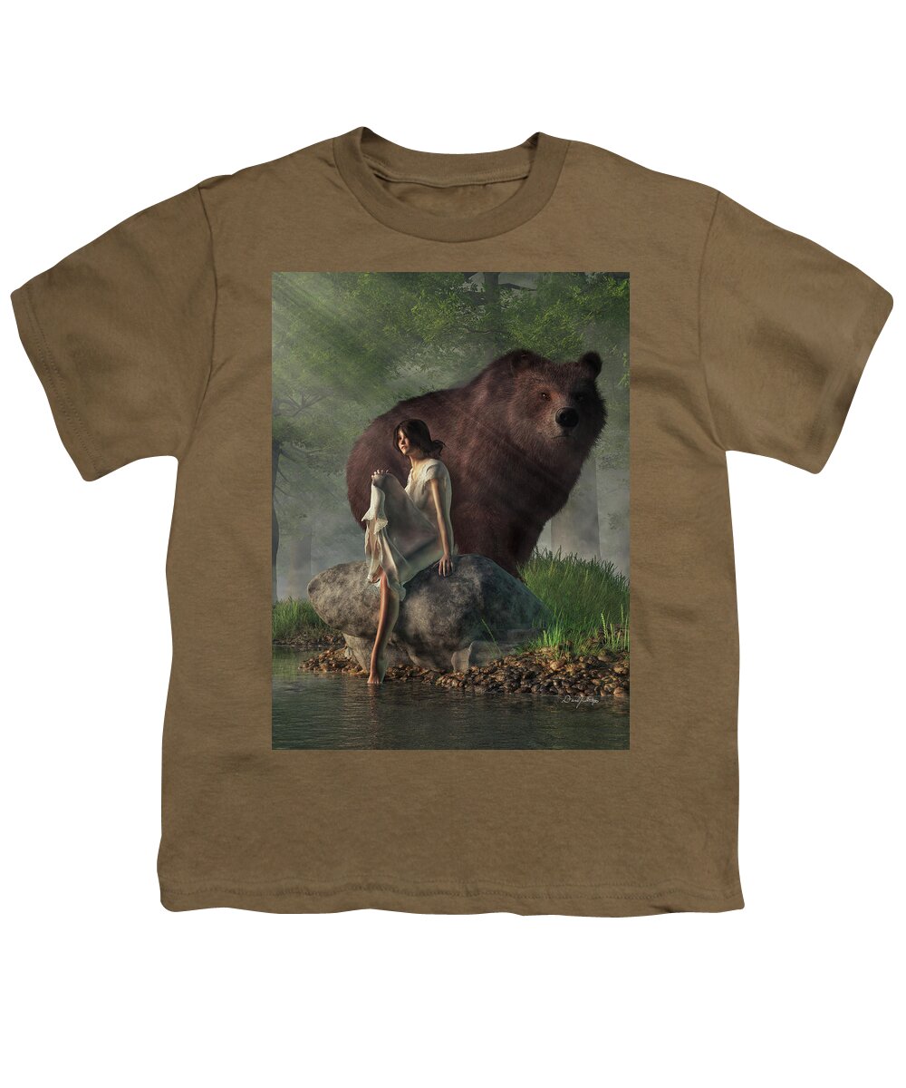 Grizzly Bear Youth T-Shirt featuring the digital art Grizzly Bear and Girl in a Nightgown by Daniel Eskridge