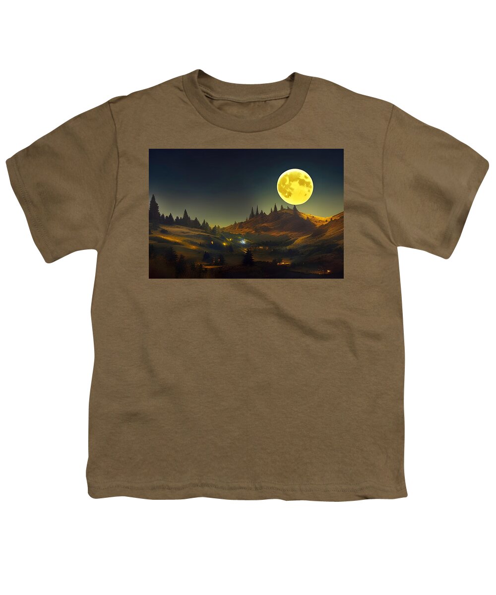 Digital Youth T-Shirt featuring the digital art Harvest Moon Over Farm by Beverly Read