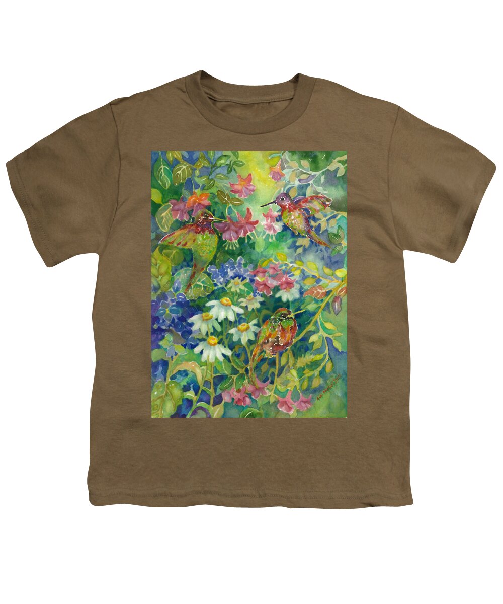 Hummingbirds Youth T-Shirt featuring the painting Hummingbird Garden by Ann Nicholson