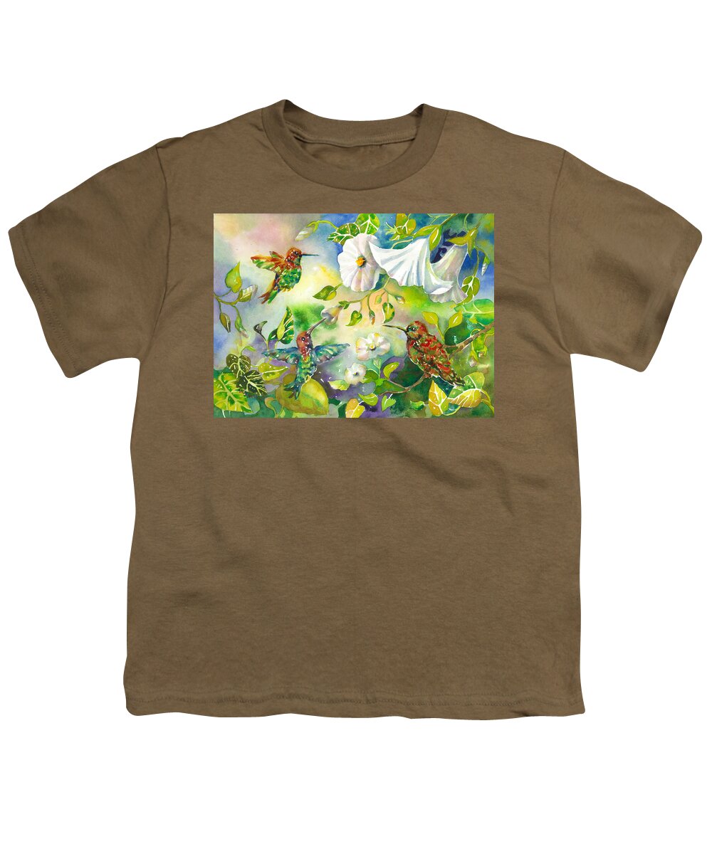 Hummingbirds Youth T-Shirt featuring the painting Hummingbirds and Morning Glories by Ann Nicholson