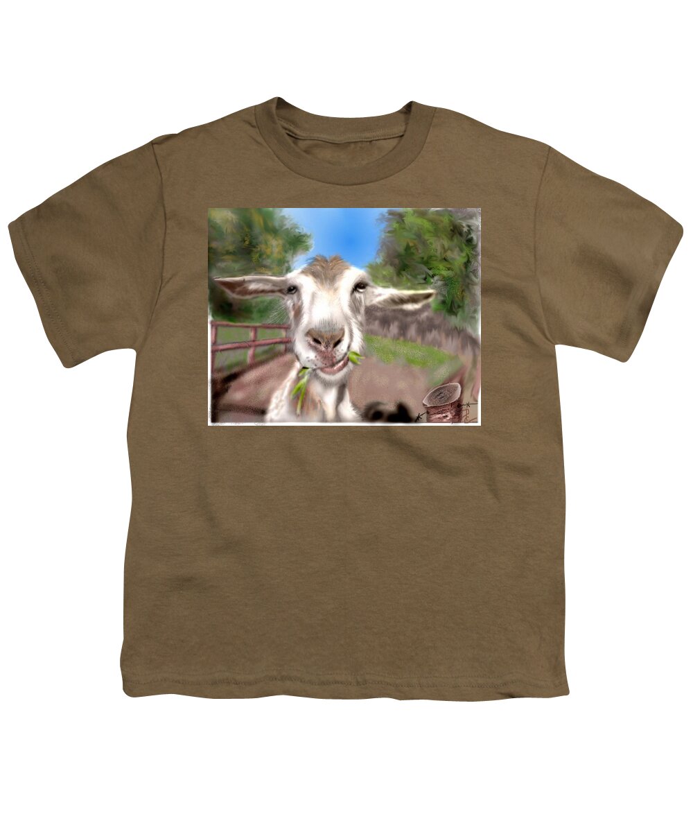 Goat Chewing Country Funny Goat Pencil Sketched Digitally Colored Youth T-Shirt featuring the mixed media Le Goat by Pamela Calhoun