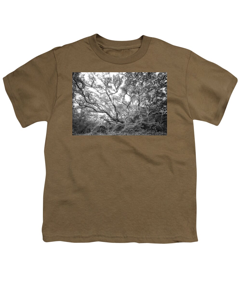 Live Oak Youth T-Shirt featuring the photograph Live Oak Tree at Atlantic Beach North Carolina - Black and White by Bob Decker