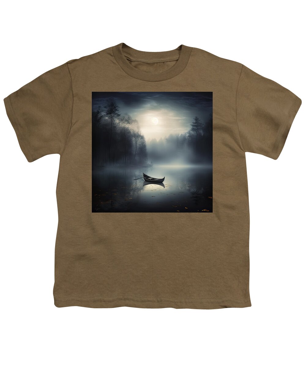 Mystery Art Youth T-Shirt featuring the painting Lone Boat in a Moonlit Mist by Lourry Legarde