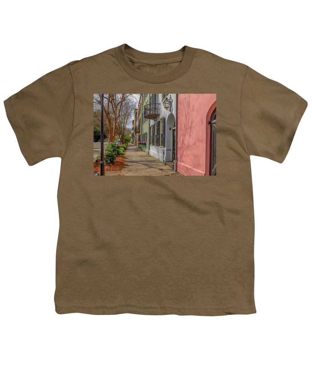 Charleston Youth T-Shirt featuring the photograph March Day on Rainbow Row by Douglas Wielfaert
