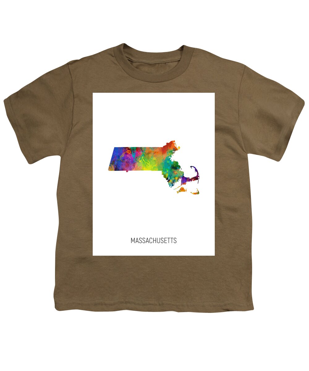 Massachusetts Youth T-Shirt featuring the digital art Massachusetts Watercolor Map #87 by Michael Tompsett