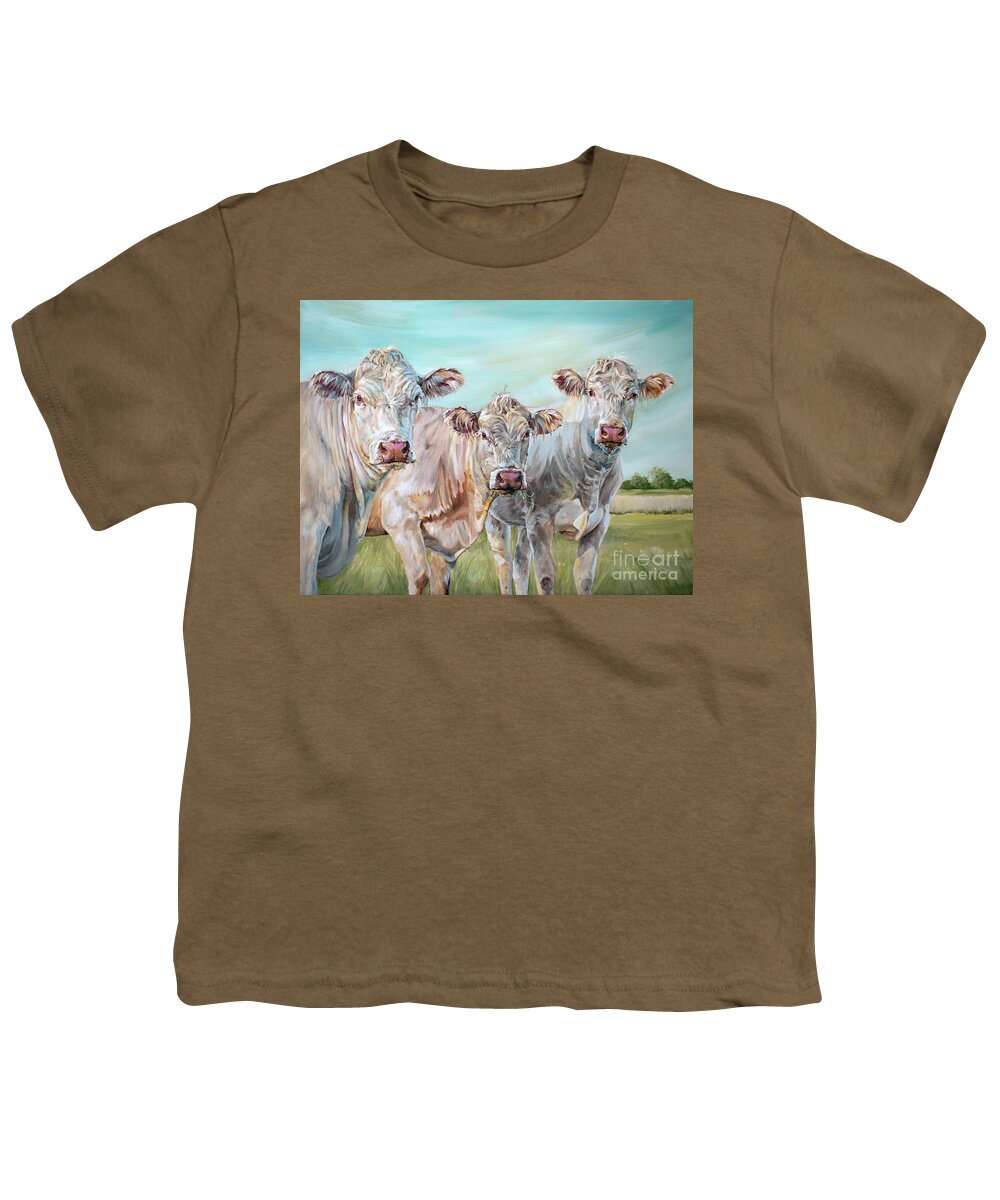 Cow Youth T-Shirt featuring the painting Mavis in the Middle - 3 Cows Painting by Annie Troe