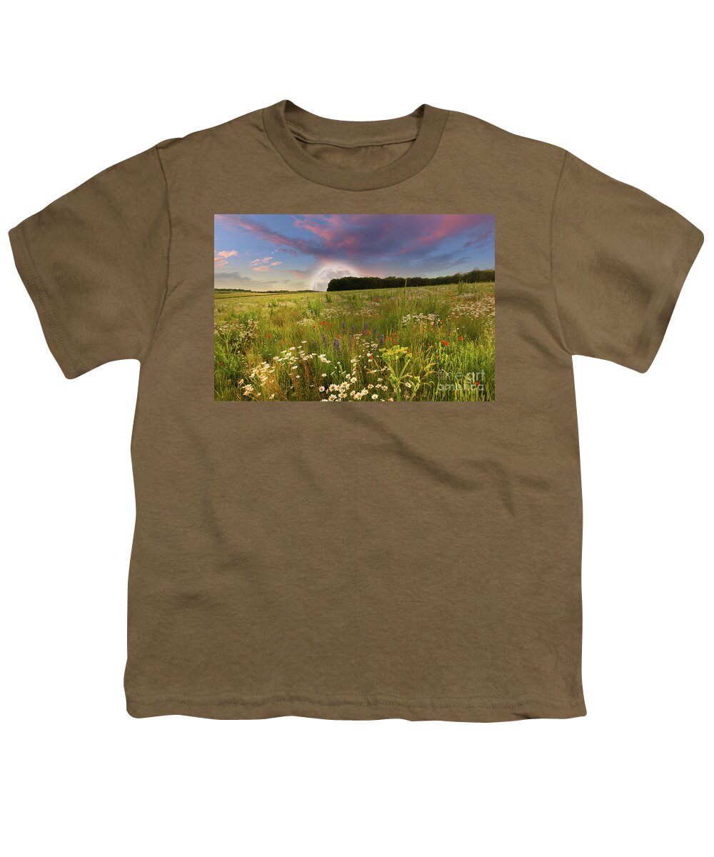 Norfolk Youth T-Shirt featuring the photograph Mega moon rising over flower meadow by Simon Bratt