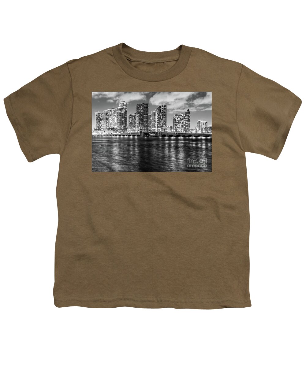 2022 Youth T-Shirt featuring the photograph Miami Night Skyline and Venetian Bridge Black and White Picture by Paul Velgos