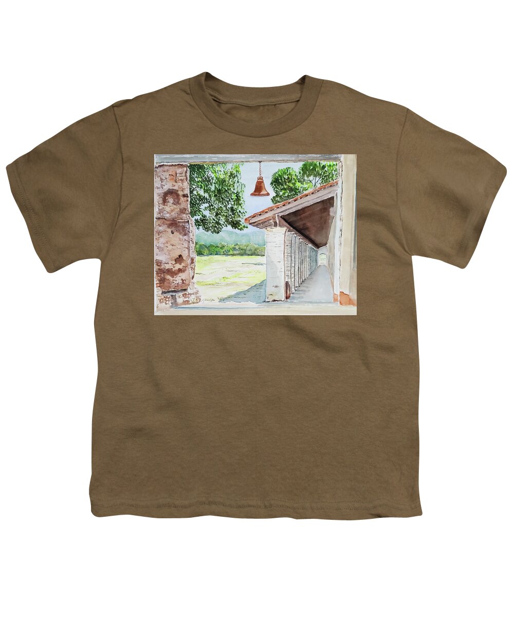 La Purisima Youth T-Shirt featuring the painting Mission Bell - La Purisima. Watercolor by Claudette Carlton