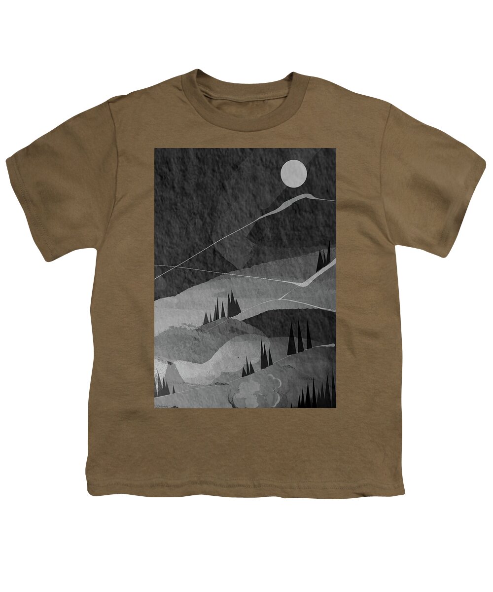 Black Modern Art Youth T-Shirt featuring the painting Misty Mountain Modern Art - Black and Gray Modern Abstract Art by Lourry Legarde
