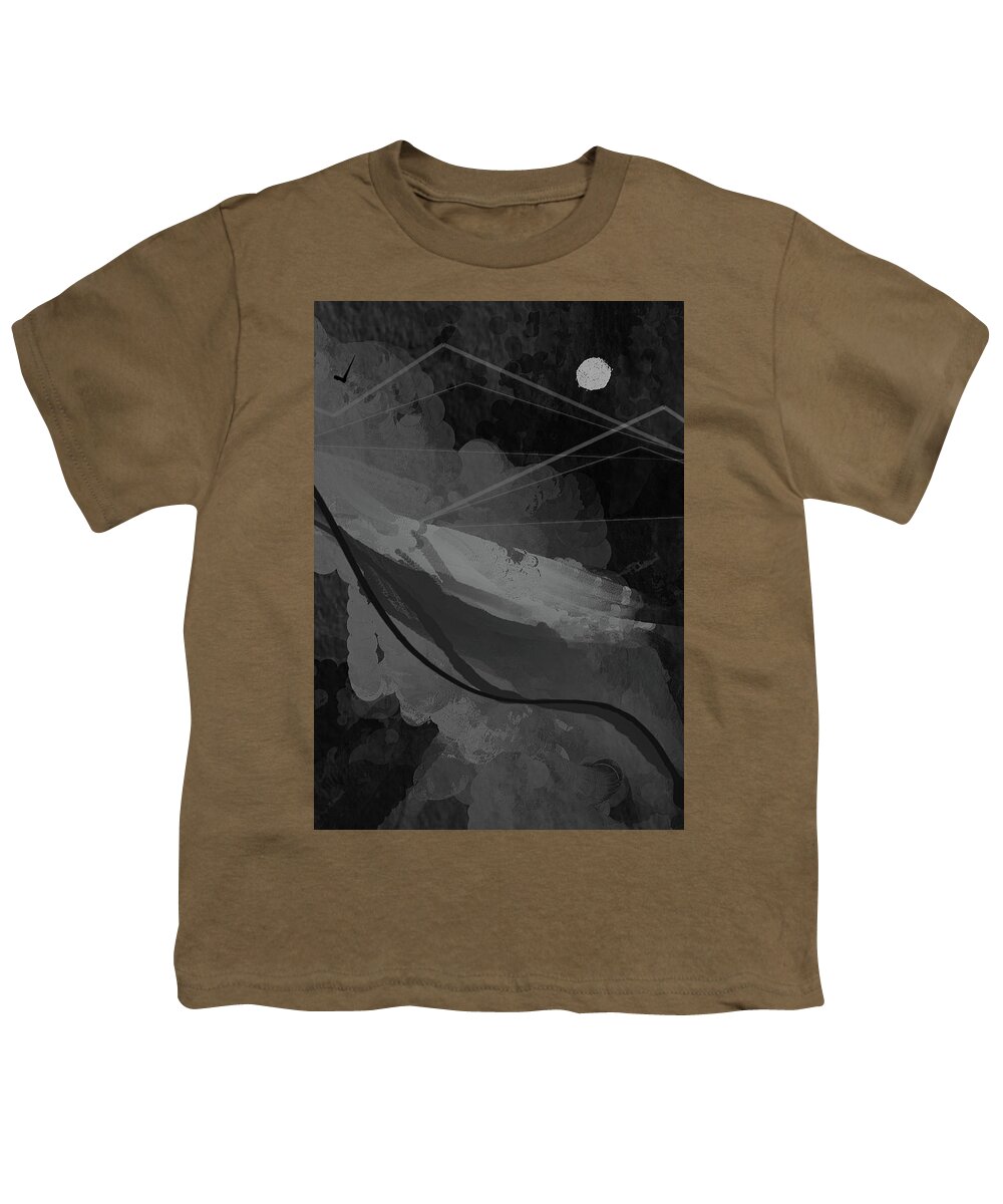 Black Modern Art Youth T-Shirt featuring the painting Moonlit Mountains - Black Modern Minimalist Art by Lourry Legarde
