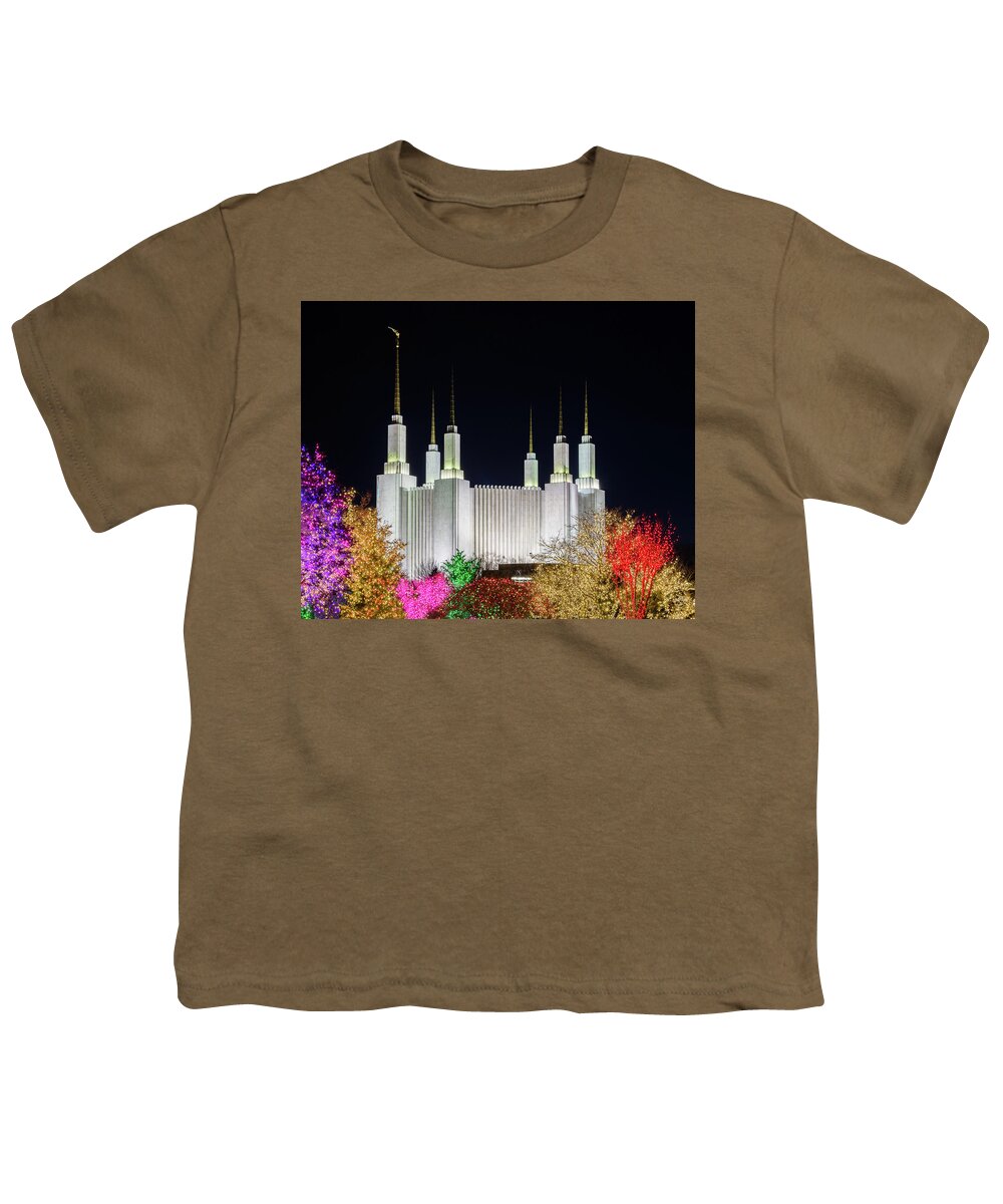 Washington Youth T-Shirt featuring the photograph Mormon temple in Washington DC with xmas lights by Steven Heap