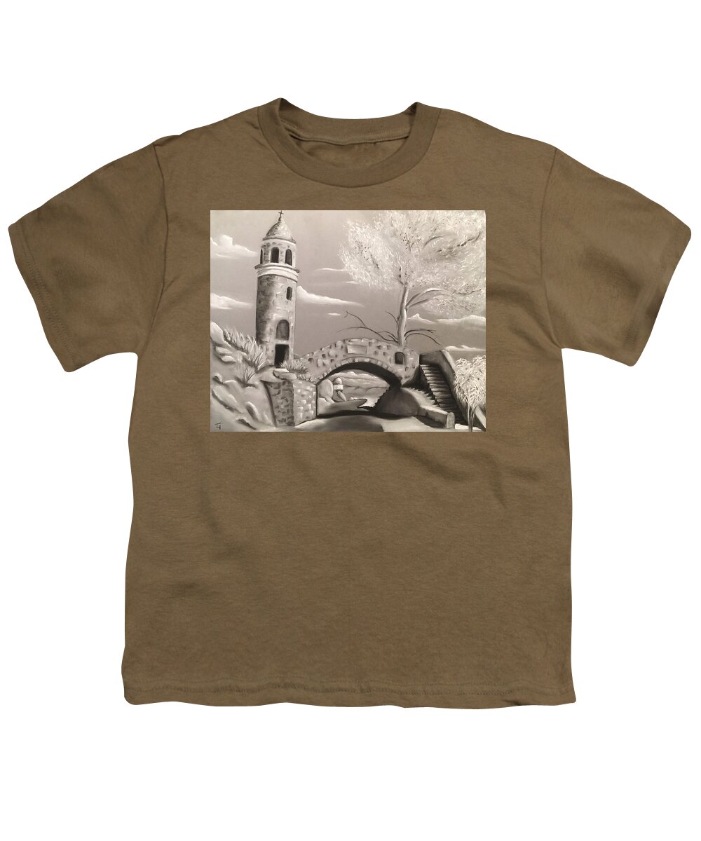 Mt. Rubidoux Youth T-Shirt featuring the drawing Mt. Rubidoux Peace Tower by Tracy Hutchinson