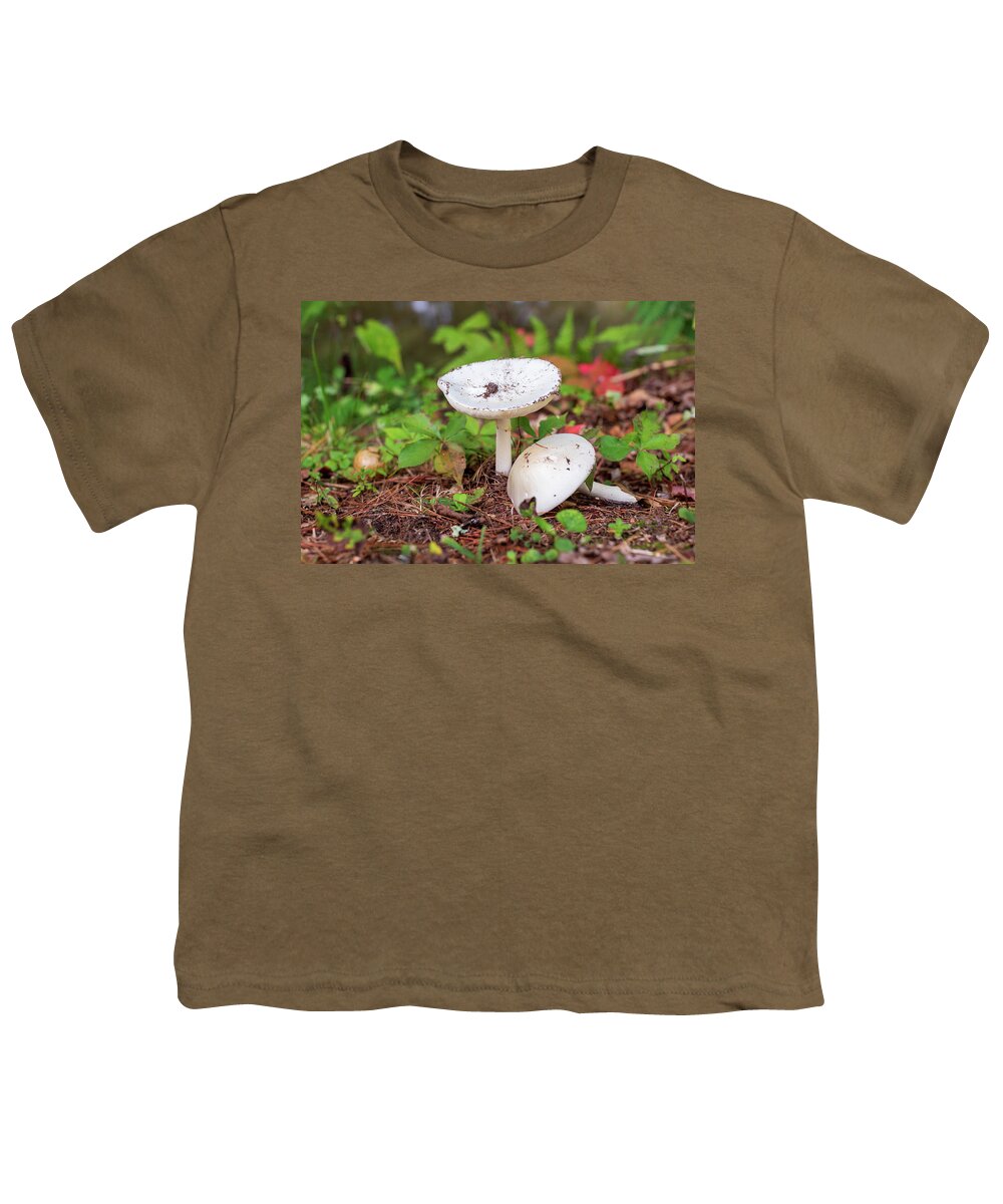 Mushroom Youth T-Shirt featuring the photograph Mushrooms in the Forest by Amelia Pearn