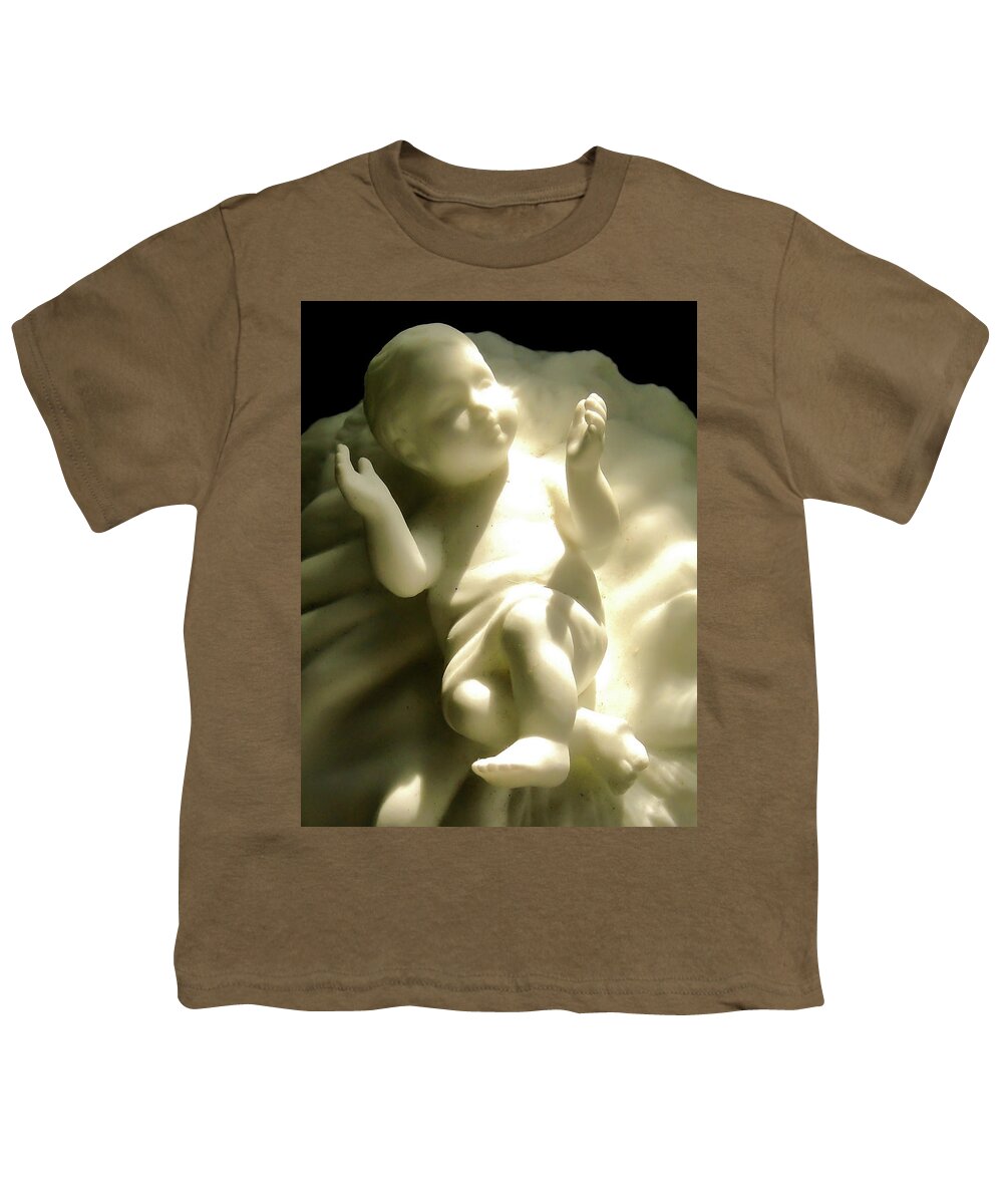 Nativity Baby Jesus Figurine B&w Youth T-Shirt featuring the photograph Nativity by John Linnemeyer