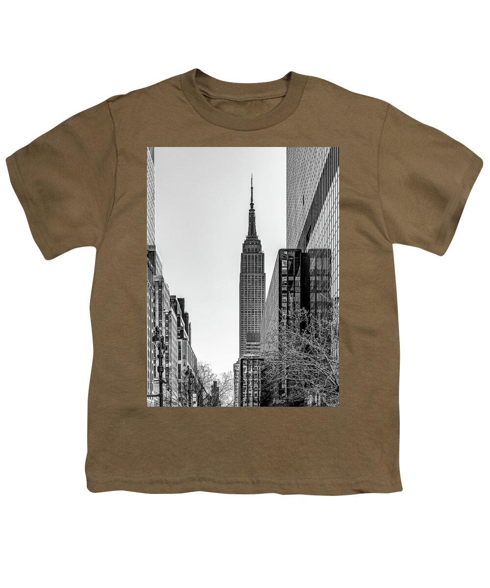 New York City Youth T-Shirt featuring the photograph New York's Iconic Empire State Building, Black and White by Marcy Wielfaert