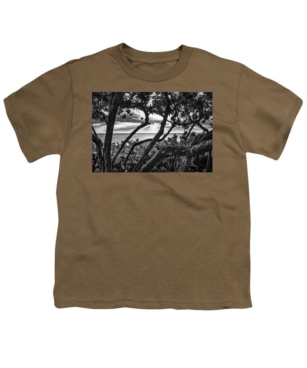 Beach Youth T-Shirt featuring the photograph Ocean View Through Seagrape Trees BW by Laura Fasulo