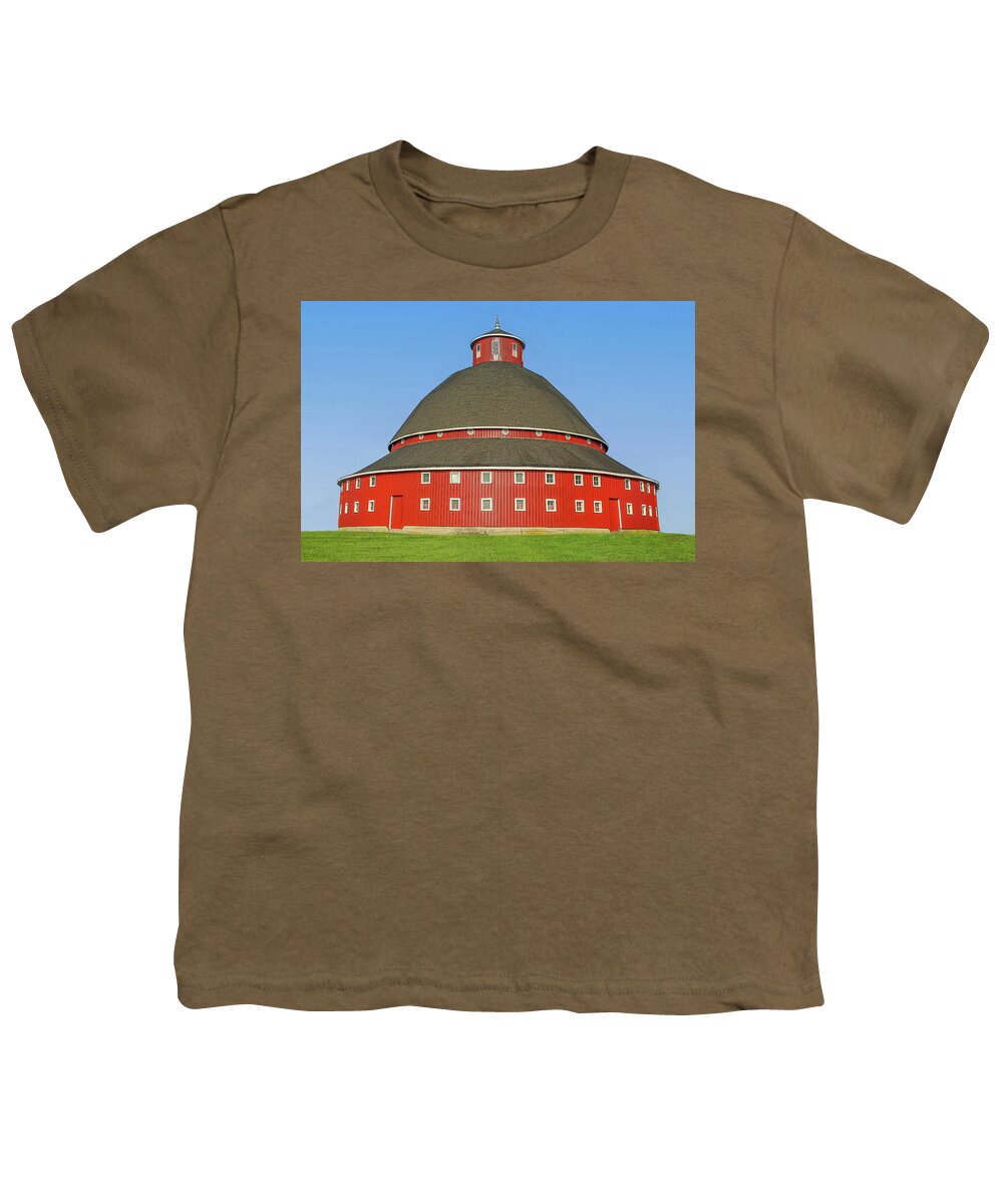 Ohio Red Round Barn In Summer Youth T-Shirt featuring the mixed media Ohio Red Round Barn In Summer by Dan Sproul