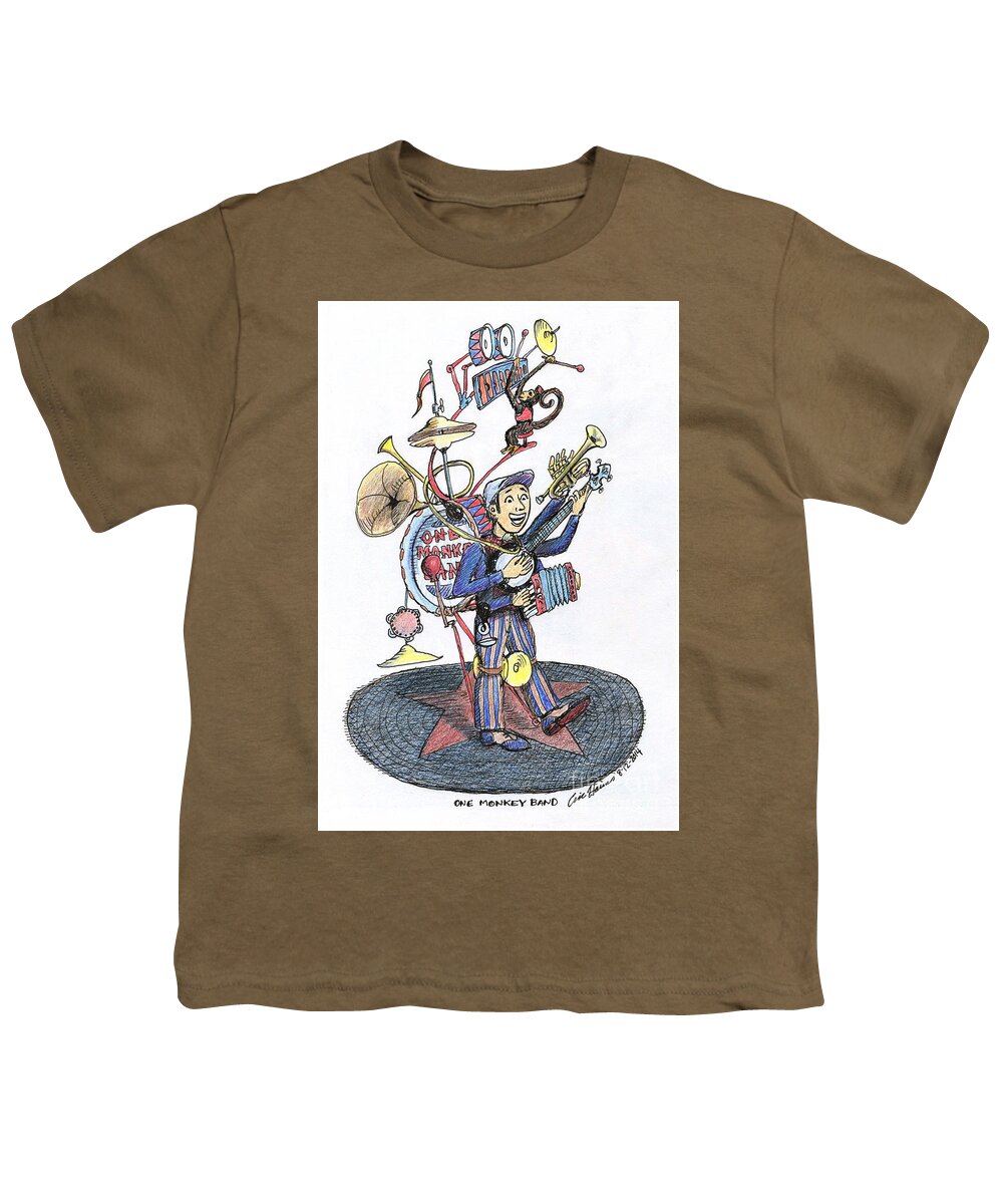 One Man Band Youth T-Shirt featuring the drawing One Monkey Band by Eric Haines