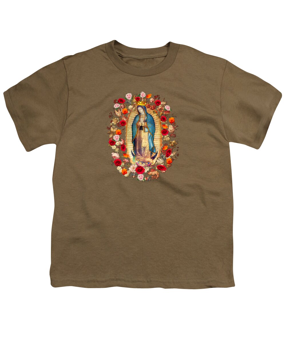 Guadalupe Youth T-Shirt featuring the mixed media Our Lady of Guadalupe Roses by Juan Diego