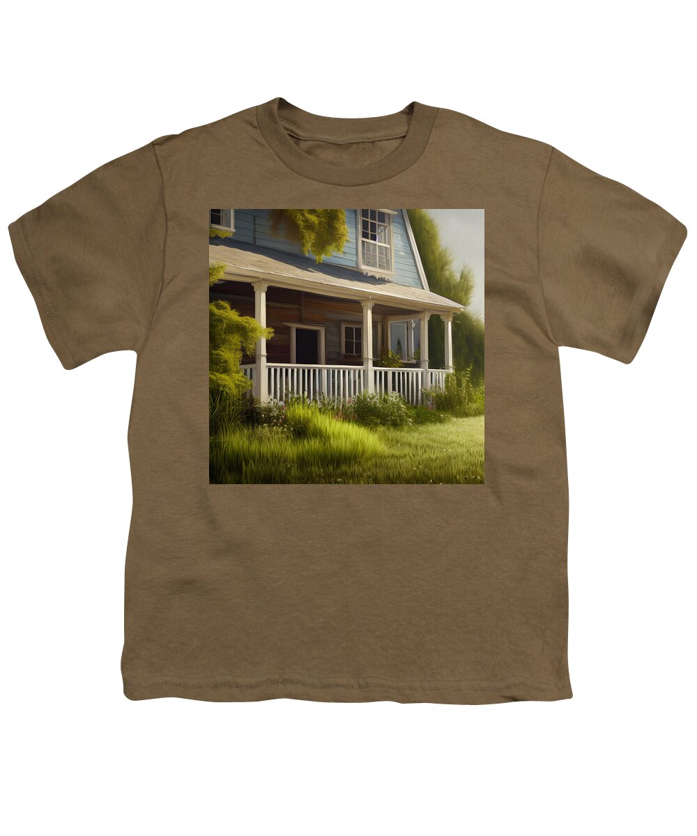 Farmhouse Youth T-Shirt featuring the mixed media Overgrown Homestead by Bonnie Bruno