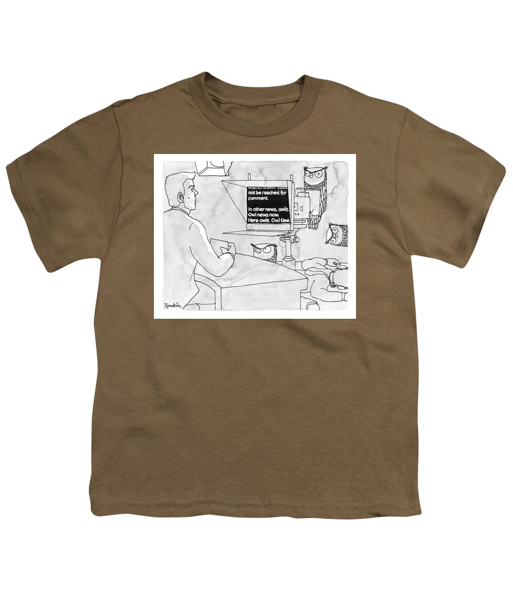 Captionless Youth T-Shirt featuring the drawing Owl News Now by Charlie Hankin