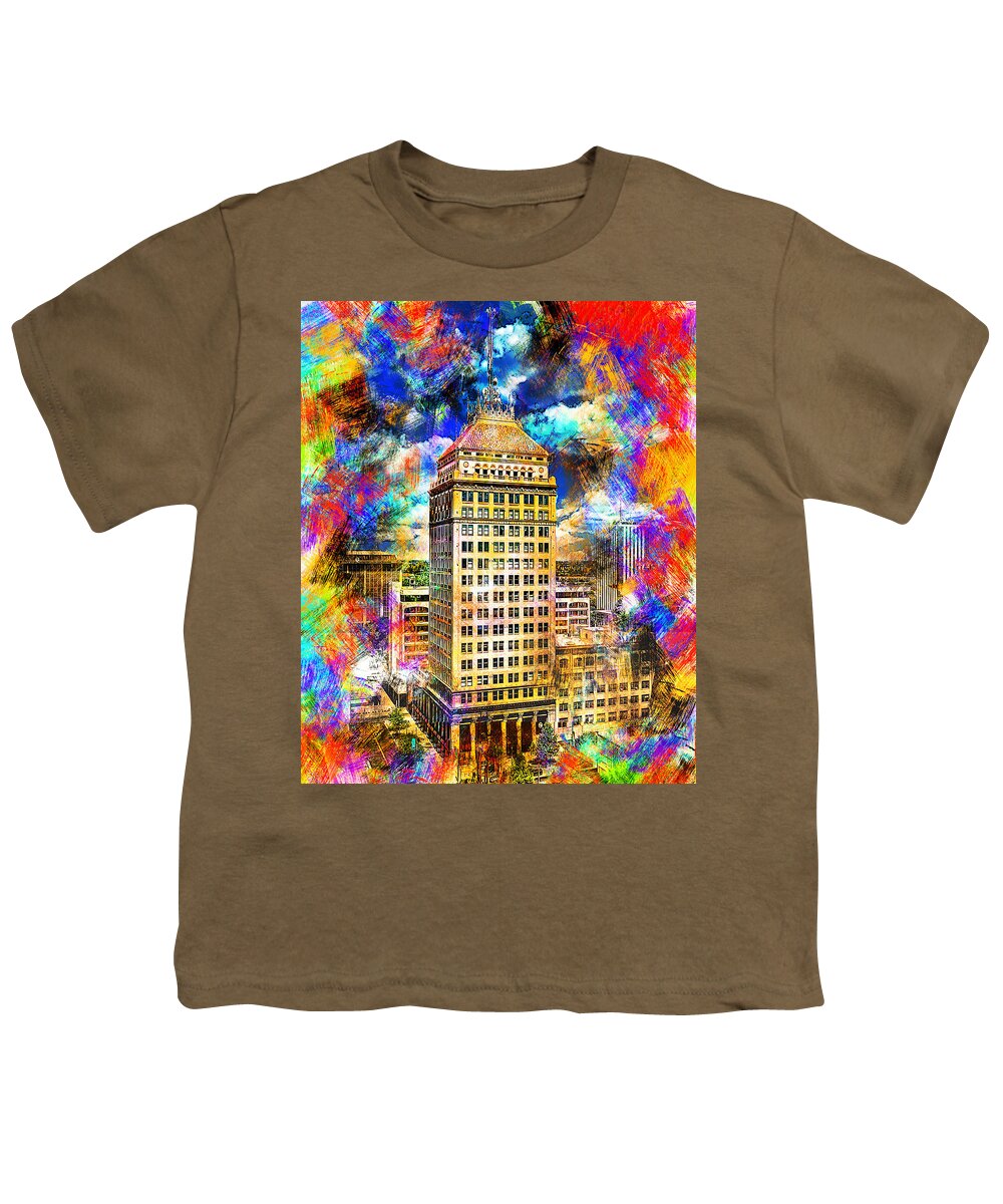Pacific Southwest Building Youth T-Shirt featuring the digital art Pacific Southwest Building in Fresno - colorful painting by Nicko Prints
