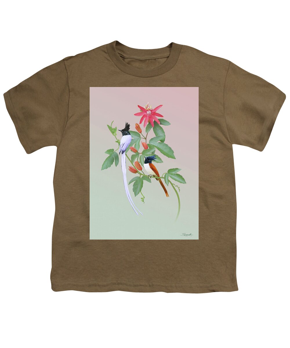 Birds Youth T-Shirt featuring the digital art Passion Flower and Flycatchers by M Spadecaller