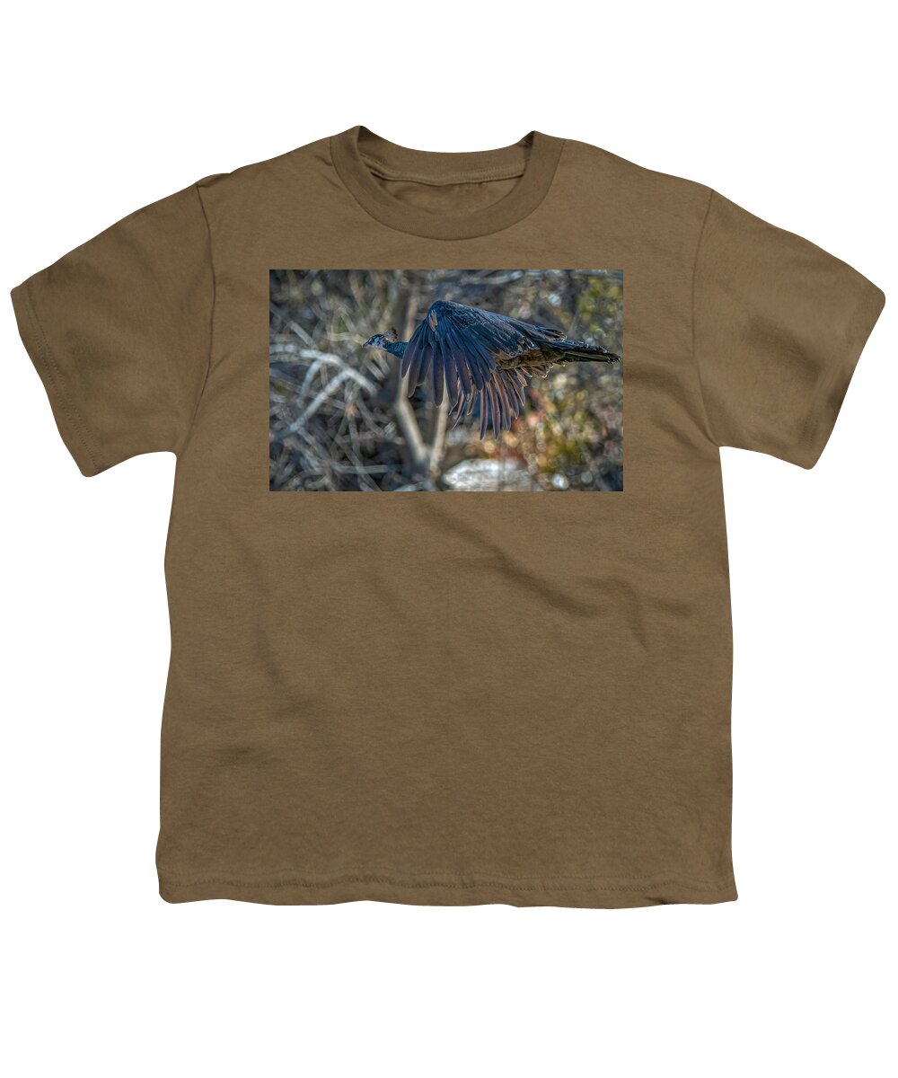 Peacock Youth T-Shirt featuring the photograph Peacock in flight by Rick Mosher
