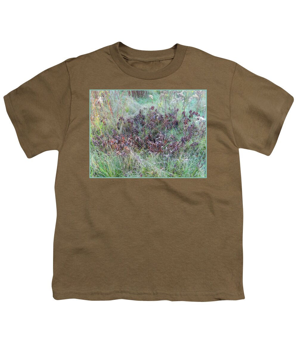 Meadow Youth T-Shirt featuring the photograph Pile of Oak Leaves on the Emerald Green Grass by Lise Winne