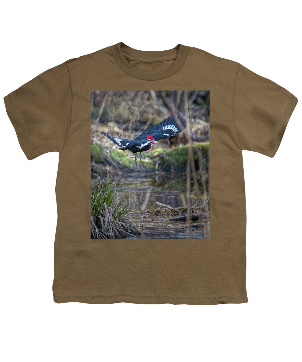 Bird Youth T-Shirt featuring the photograph Pileated Woodpecker Takes Off-Vertical by Flinn Hackett